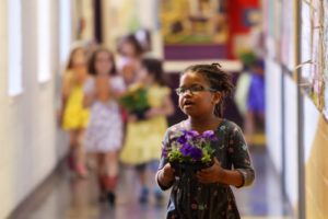 Kindergarten student proud of African violets